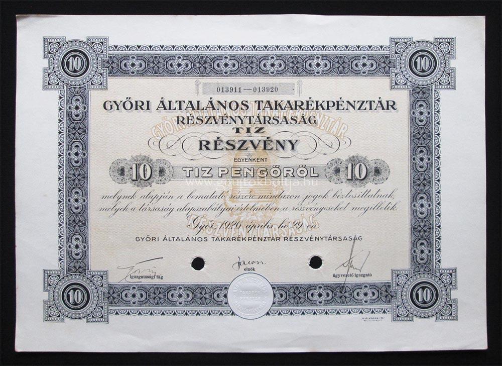 Gyri ltalnos Takarkpnztr rszvny 10 peng 1926